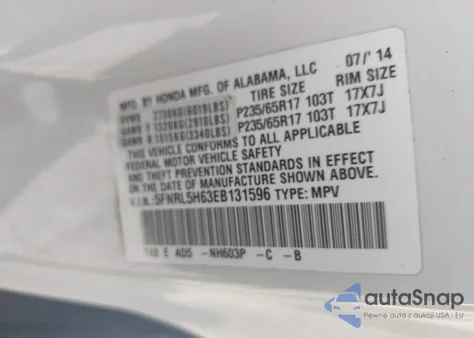 2014 Honda Odyssey Ex-L z USA, uszkodzony, nr VIN 5FNRL5H63EB131596